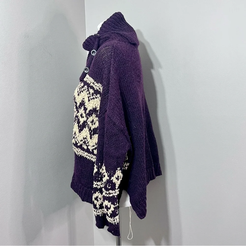 Free People Fair Isle Chunky Knit Sweater XS Purple Cowl Neck Boho Cozy